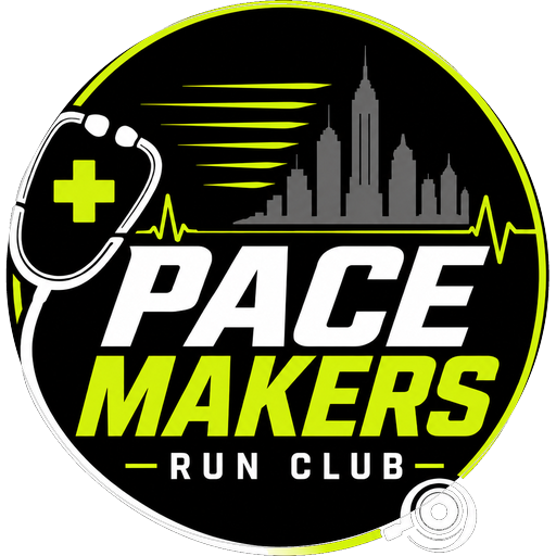 Pace Makers Run Club badge: a nurse running past the city skyline